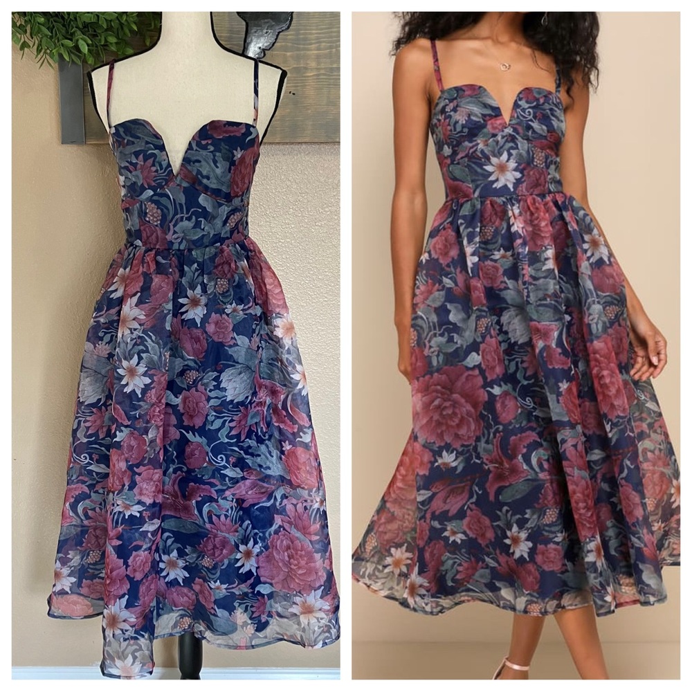 Lulu's Navy Floral Midi Dress with Pink & White Blooms